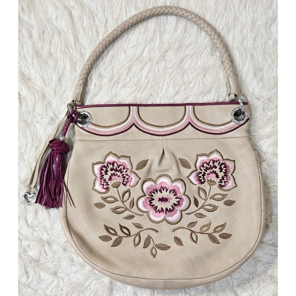 Brighton Leather Embroidered Shoulder Bag Purse Beige Tan Pink Tassel Flower